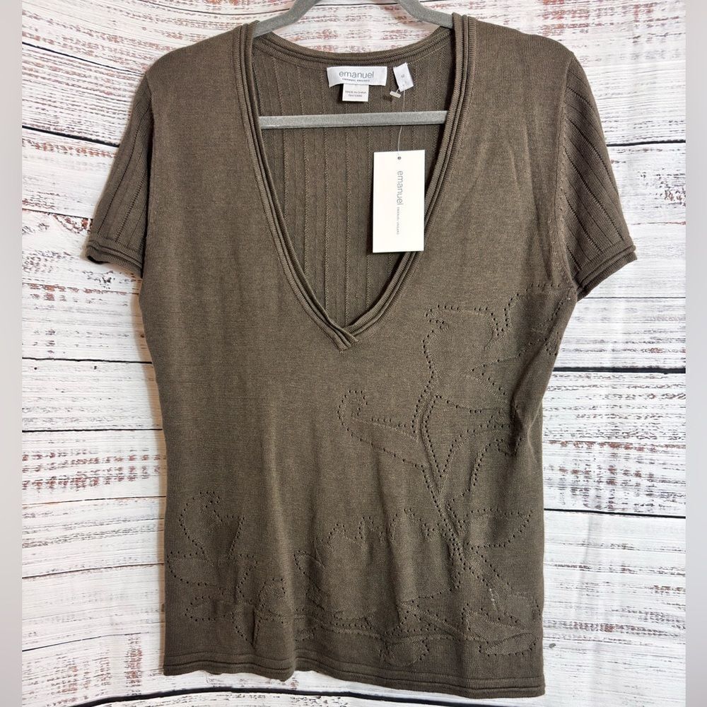 Emanuel ungaro Sweater Womens Sz 12 knit V Neck Cotton linen Top khaki Brown New